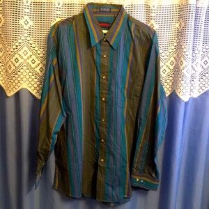 Elegant Striped Blue and Green Dress Shirt